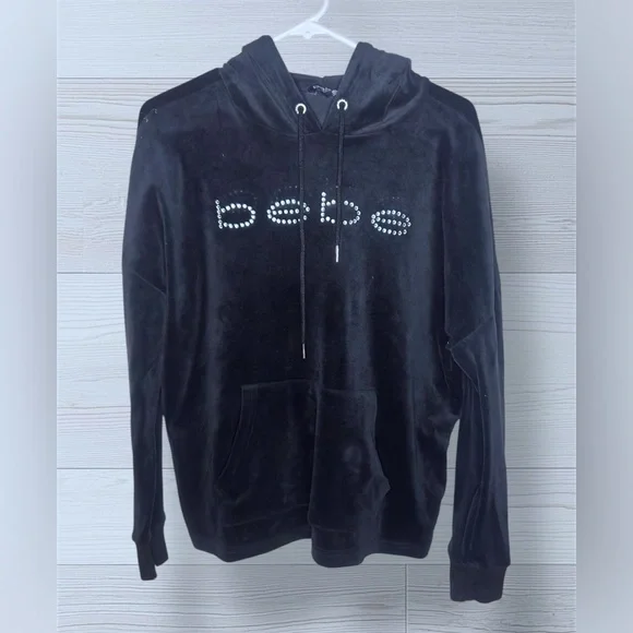 BEBE SPORT Women’s Athleisure Velour Casual Pullover Rhinestoned Hoodie - Picture 2 of 10